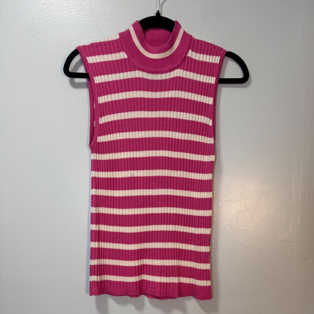 Nina Charles for Kasper ASL Pink Striped Silk Mock Neck Sleeveless Sweater L